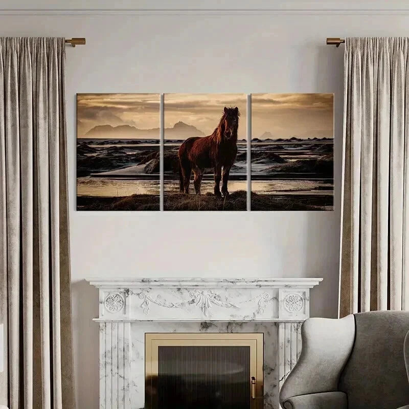 3pcs Brown Horse Near a River & Sunset Wall Art Set Canvas Framed 50x70cm - High Quality Print 100% Australian Made Wall Canvas Ready to Hang - Bella Home Decor