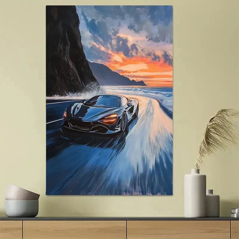 Sports Car and Sunset Seascape Racing Poster 40x60cm Metal Print Ready to Hang