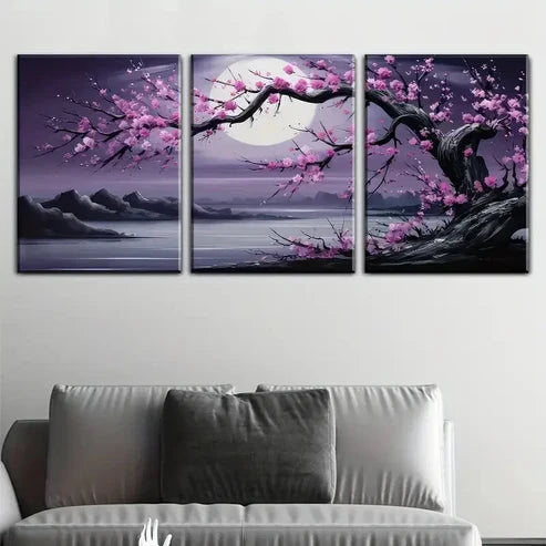 3pcs Moonlit Trees And Plum Blossoms Perfect Wall Art Canvas Unframed - High Quality Print 100% Australian Made Wall Canvas