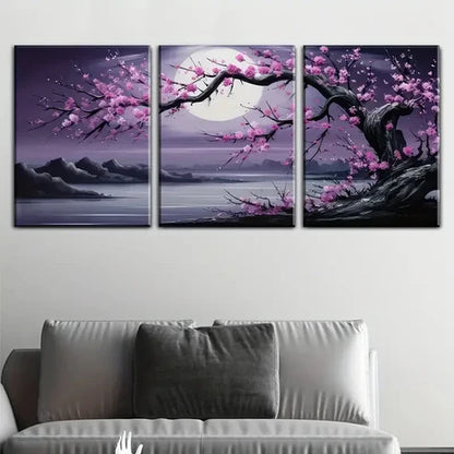 3pcs Moonlit Trees And Plum Blossoms Perfect Wall Art Canvas Unframed - High Quality Print 100% Australian Made Wall Canvas