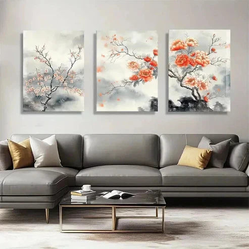 3pcs Lively Peach And Cherry Blossom Wall Art Set Canvas Unframed - High Quality Print 100% Australian Made Wall Canvas