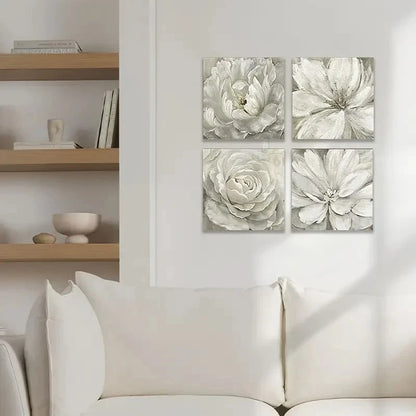 4pcs  Rainy Day White Flowers Oil Painting Picture Wall Art Canvas Framed