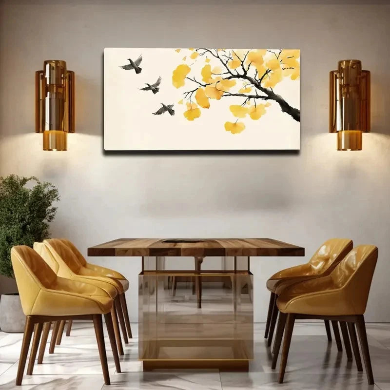 Ginkgo Branches & Flying Birds Wall Art Canvas Office Home Room Framed 120x60cm - Bella Home Decor