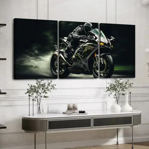 3pcs Dynamic Rider & Green Motorcycle Perfect Wall Art Canvas Unframed - High Quality Print 100% Australian Made Wall Canvas - Bella Home Decor