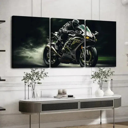 3pcs Dynamic Rider & Green Motorcycle Perfect Wall Art Canvas Unframed - High Quality Print 100% Australian Made Wall Canvas - Bella Home Decor