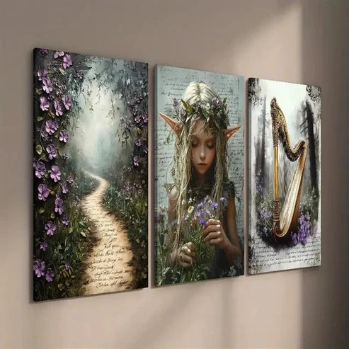3pcs Vintage Botanical Flower and Floral Girl Wall Art Set Canvas Unframed - High Quality Print 100% Australian Made Wall Canvas