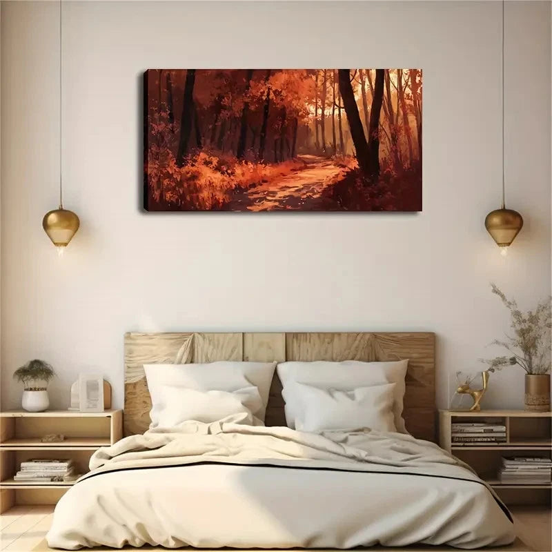 Tree Leaves In Warm Orange Wall Art Canvas Office Home Room Framed 120x60cm