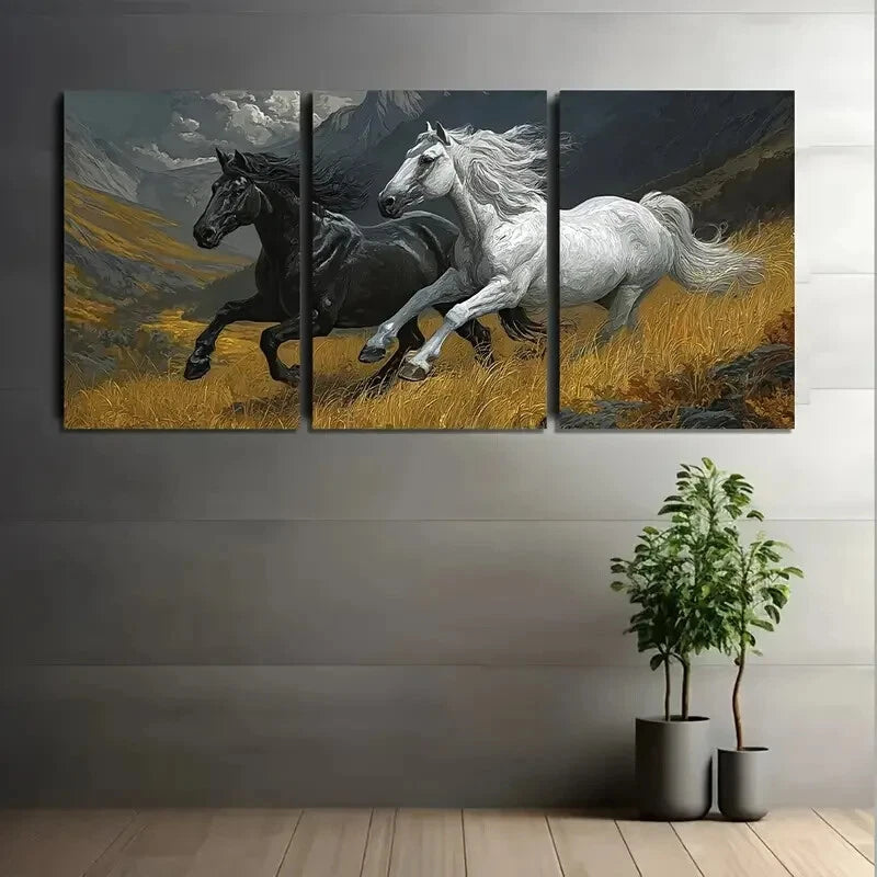 3pcs Galloping Black & White Horses in Valley Metal Print Ready to Hang Art - Bella Home Decor