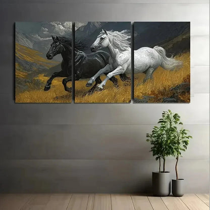 3pcs Galloping Black & White Horses in Valley Metal Print Ready to Hang Art - Bella Home Decor