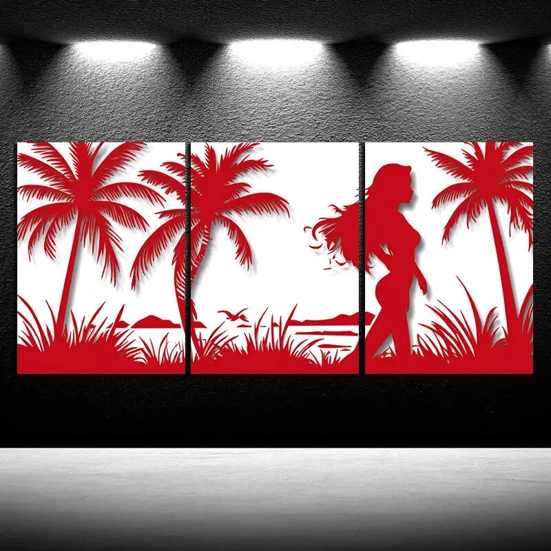 3pcs Tropical Beach Scene Red & White Metal Print Ready to Hang Art - Bella Home Decor