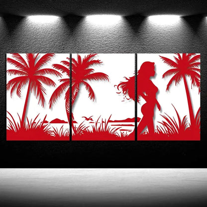 3pcs Tropical Beach Scene Red & White Metal Print Ready to Hang Art - Bella Home Decor