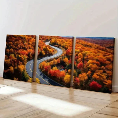 3pcs Golden Leaves Road Modern Decoratio Wall Art Set Canvas Unframed - High Quality Print 100% Australian Made Wall Canvas - Bella Home Decor