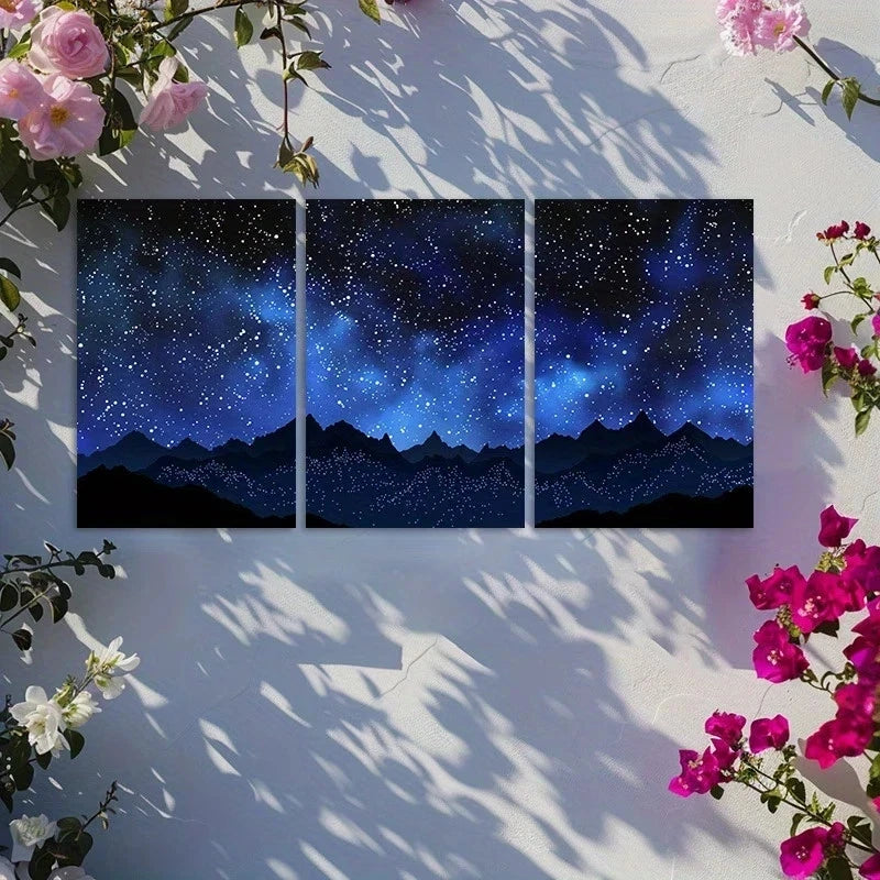 3pcs Night Sky Over Mountains Metal Print Ready to Hang Art