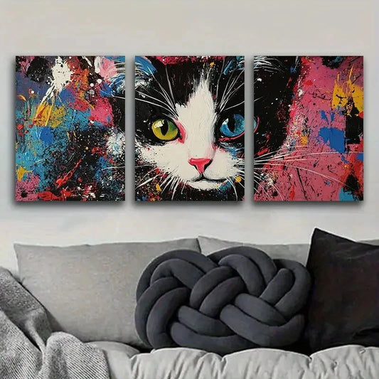 3pcs Black And White Tuxedo Cat Wall Art Set Canvas Framed 40x60cm - High Quality Print 100% Australian Made Wall Canvas Ready to Hang