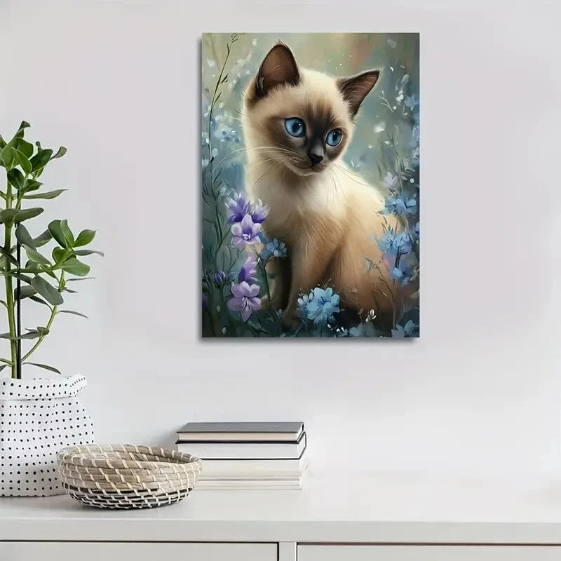 Featuring a Cute Siamese Kitten Among Flower Painting 40x60cm Metal Print Ready to Hang - Bella Home Decor