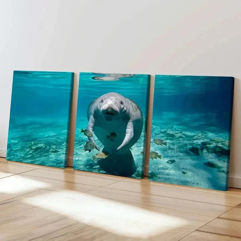 3pcs Ocean Animal Fish Manatee Decor Wall Art Set Canvas Framed 50x70cm - High Quality Print 100% Australian Made Wall Canvas Ready to Hang