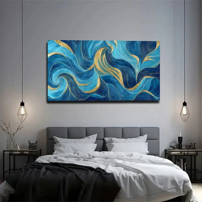 Abstract Blue & Golden Wave Wall Art Canvas Office Home Room Framed 120x60cm