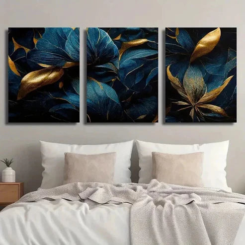 3pcs Abstract Golden And Blue Tropical Leaves Wall Art Set Canvas Unframed - High Quality Print 100% Australian Made Wall Canvas - Bella Home Decor
