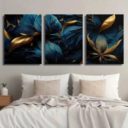 3pcs Abstract Golden And Blue Tropical Leaves Wall Art Set Canvas Unframed - High Quality Print 100% Australian Made Wall Canvas - Bella Home Decor