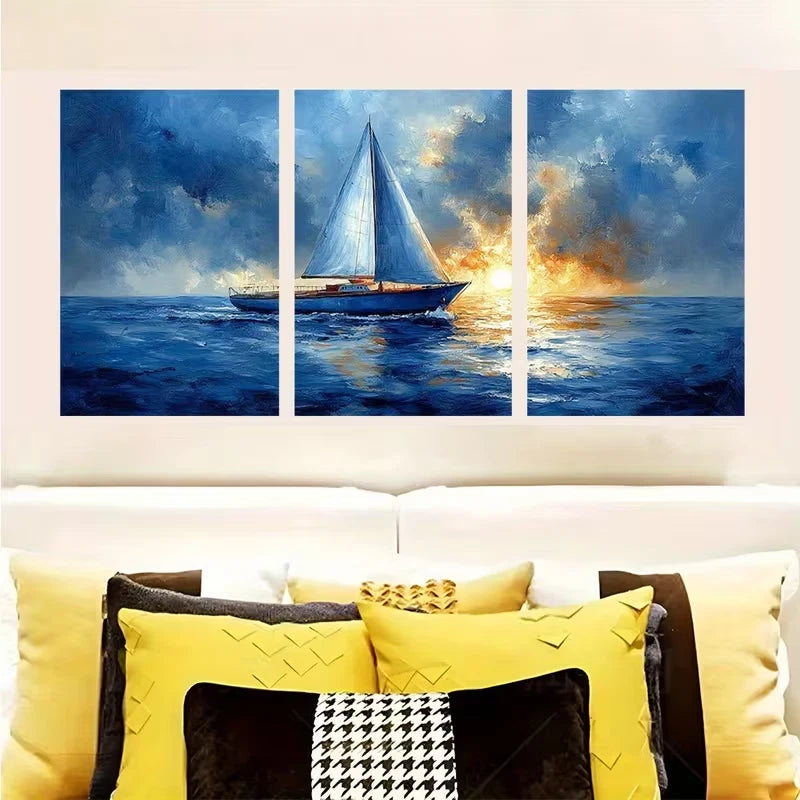 3pcs Nautical Ocean Sailing Blue Indigo Decor  Wall Art Set Canvas Framed 50x70cm - High Quality Print 100% Australian Made Wall Canvas Ready to Hang