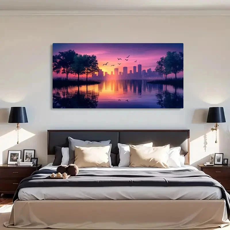 Pink Purple City Skyline Lands Wall Art Canvas Office Home Room Framed 120x60cm - Bella Home Decor