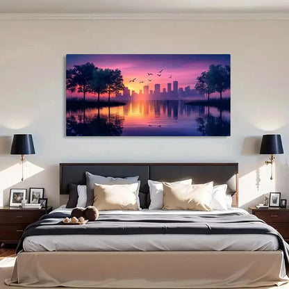Pink Purple City Skyline Lands Wall Art Canvas Office Home Room Framed 120x60cm - Bella Home Decor