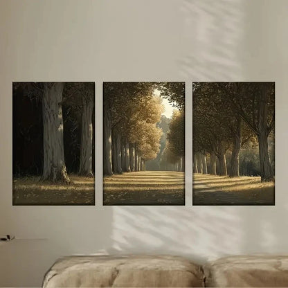 3pcs Painting of a Road Lined with Trees Wall Art Set Canvas Framed 60x90cm - High Quality Print 100% Australian Made Wall Canvas Ready to Hang