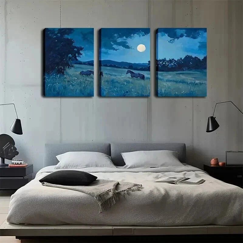 3pcs Realistic Horse and Moonlit Lands Perfect Wall Art Set Canvas Framed 50x70cm - High Quality Print 100% Australian Made Wall Canvas Ready to Hang - Bella Home Decor