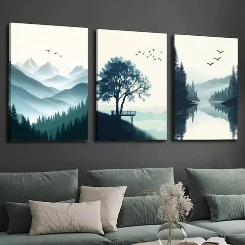 3pcs Mountain Lake Landscape with Pine Trees Canvas Unframed - High Quality Print 100% Australian Made Wall Canvas
