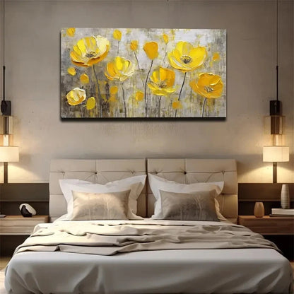 Yellow Flowers Gray Background Wall Art Canvas Office Home Room Framed 120x60cm - Bella Home Decor