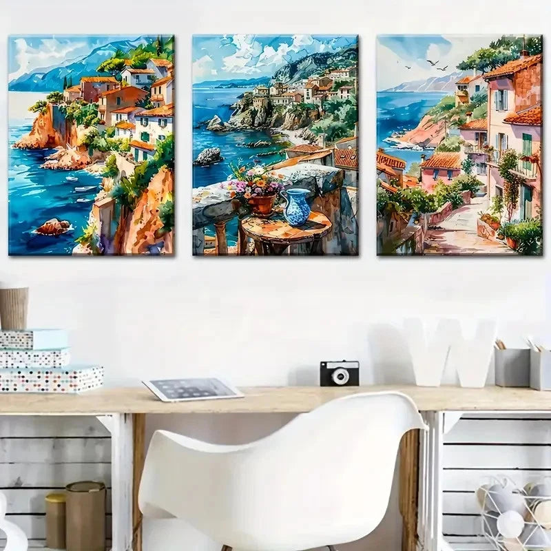 3pcs Vibrant Ocean Views with Colorful Buildings Metal Print Ready to Hang Art - Bella Home Decor