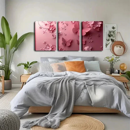 3pcs Modern Pink Butterfly & Floral Wall Art Canvas Unframed - High Quality Print 100% Australian Made Wall Canvas