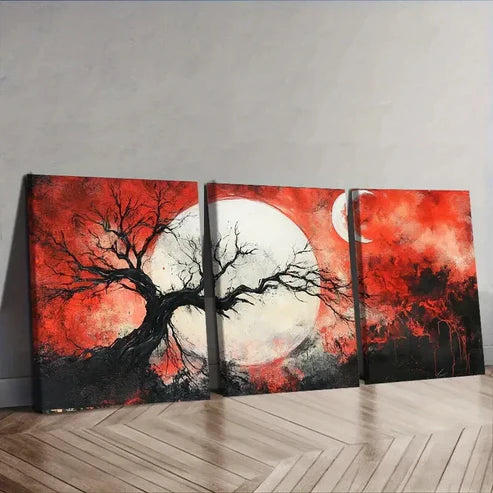 3pcs Abstract Tree with White Moon Light Perfect Wall Art Set Canvas Unframed - High Quality Print 100% Australian Made Wall Canvas - Bella Home Decor