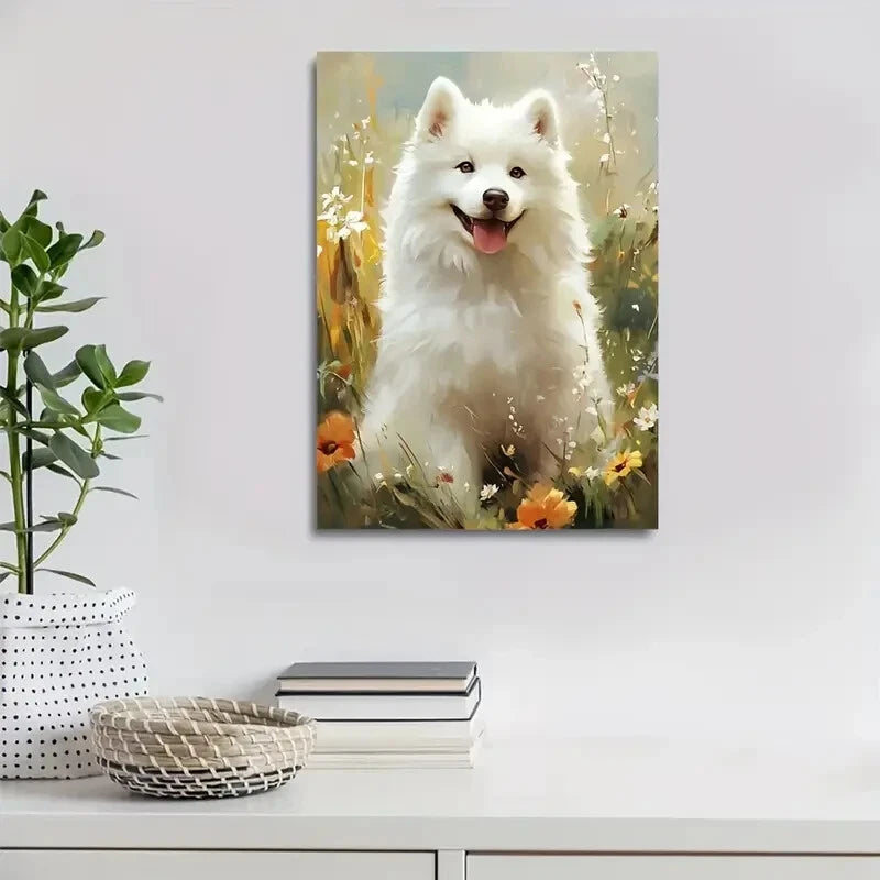 Flowers And Plants Cute Samoyed Dog Painting 40x60cm Metal Print Ready to Hang