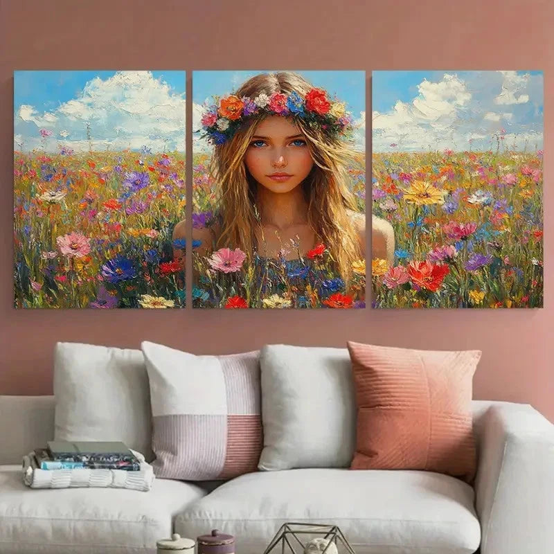 3pcs Girl In A Field Of Flowers Perfect Wall Art Set Canvas Framed 60x90cm - High Quality Print 100% Australian Made Wall Canvas Ready to Hang - Bella Home Decor