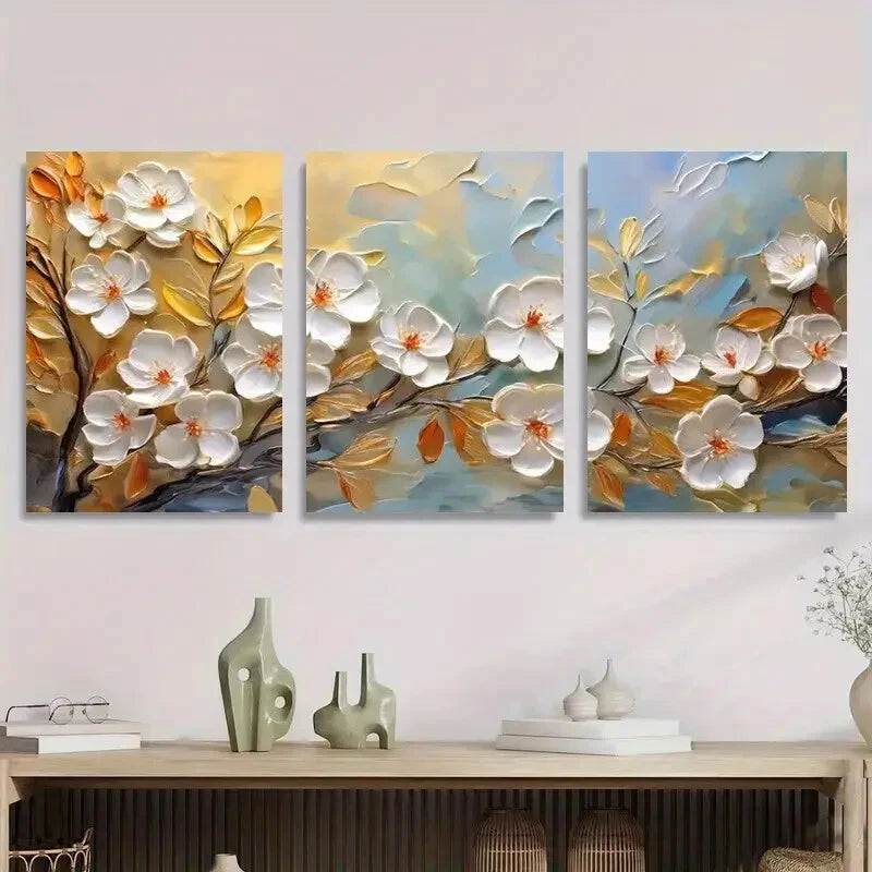 3pcs Elegant 3D Magnolia Flower Floral Metal Print Ready to Hang Art
