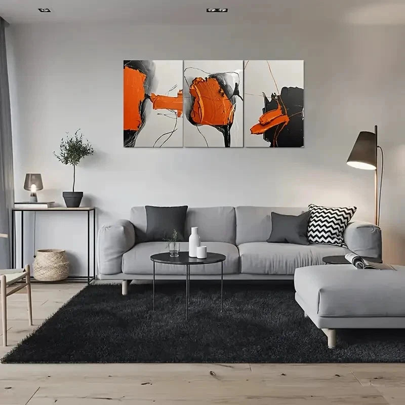 3pcs Orange Black and Gray Painting Metal Print Ready to Hang Art