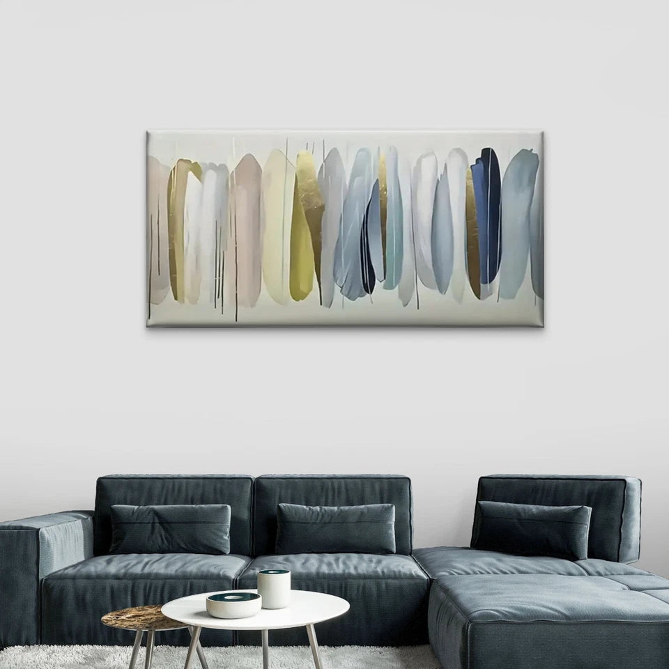 Golden Leaf Blue Feather Design Wall Art Canvas Office Home Room Framed 120x60cm