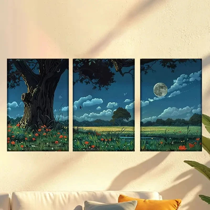 3pcs Enchanted Moonlit Flower Meadow Scene Wall Art Set Canvas Framed 60x90cm - High Quality Print 100% Australian Made Wall Canvas Ready to Hang - Bella Home Decor