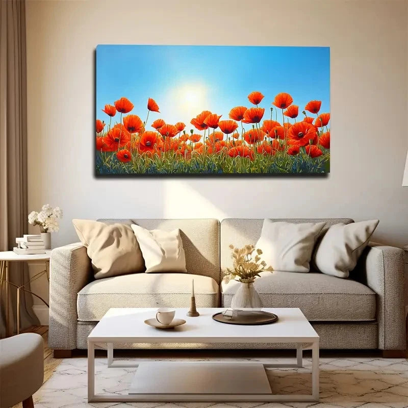 Vibrant Red Poppies Field Wall Art canvas office home room framed 120x60cm - Bella Home Decor