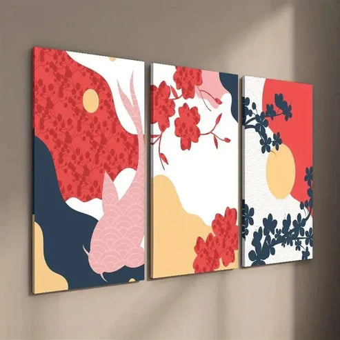 3pcs Japanese Flower Animal & Fish Illustration Wall Art Set Canvas Unframed - High Quality Print 100% Australian Made Wall Canvas