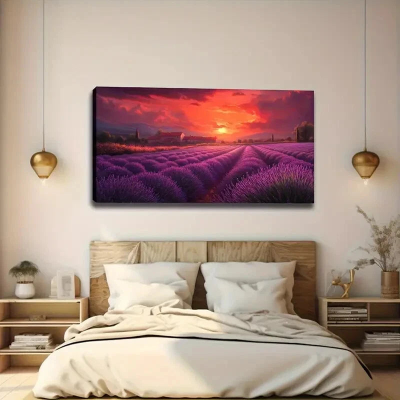 Vibrant Lavender Field Sunset Wall Art canvas office home room framed 120x60cm - Bella Home Decor