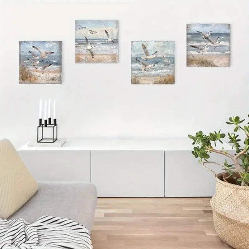 4pcs Seagulls By The Sea Wall Art Canvas Framed