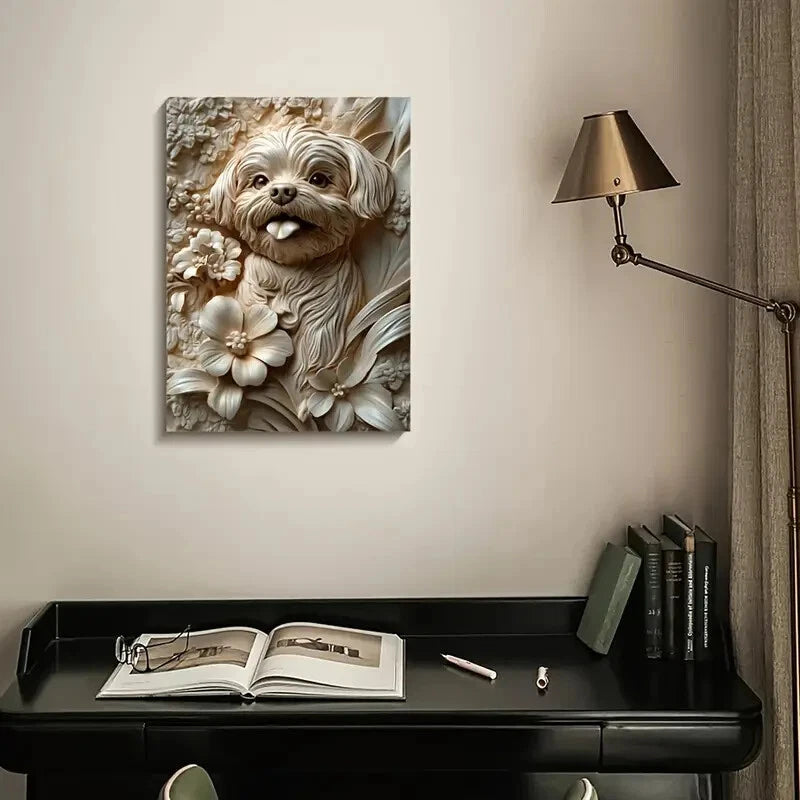 Cheerful Shih Tzu Surrounded by Flowers Painting 40x60cm Metal Print Ready to Hang - Bella Home Decor