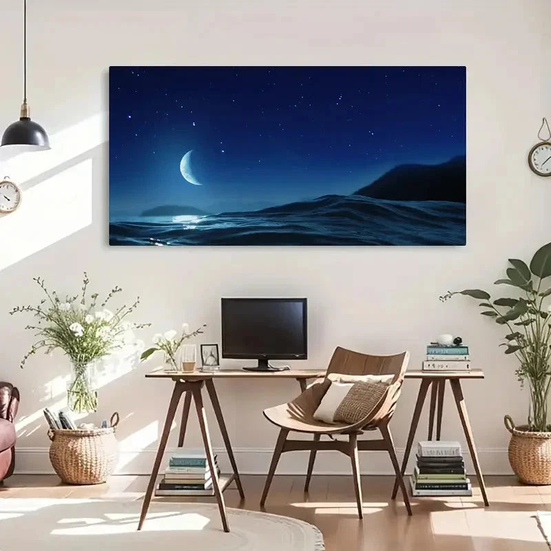 Moonlit Ocean Landscape Wall Art Canvas Office Home Room Framed 120x60cm
