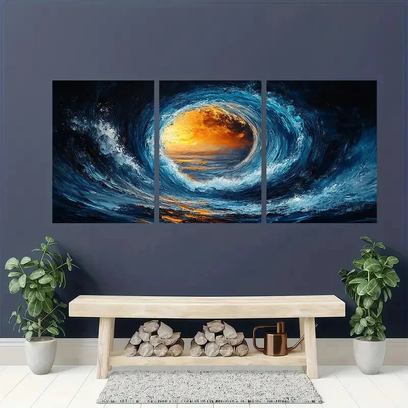 3pcs Abstract Blue Circular Golden Metal Print Ready to Hang Art - Bella Home Decor