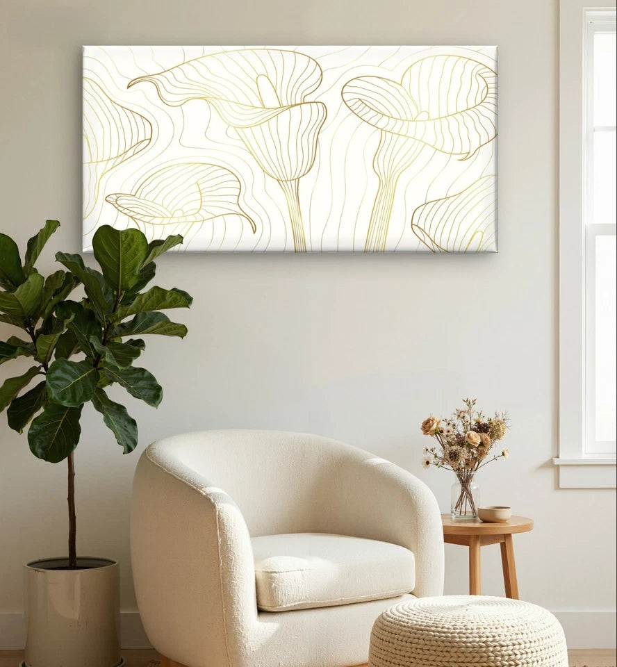Minimalist Gold and White Lily Line Art Wall Art Canvas Office Home Framed 120x60