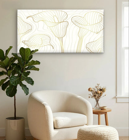 Minimalist Gold and White Lily Line Art Wall Art Canvas Office Home Framed 120x60