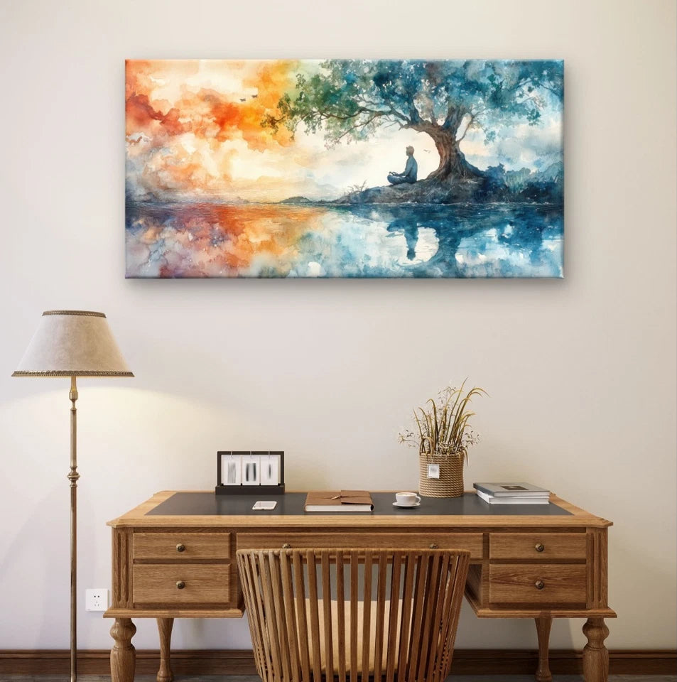 Meditating Under Tree Watercolour Wall Art Canvas Office Home Framed 120x60cm