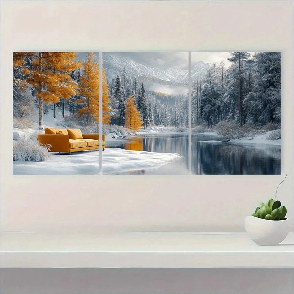 3pcs Snowy Mountain & Winter Forest Scenery Metal Print Ready to Hang Art - Bella Home Decor
